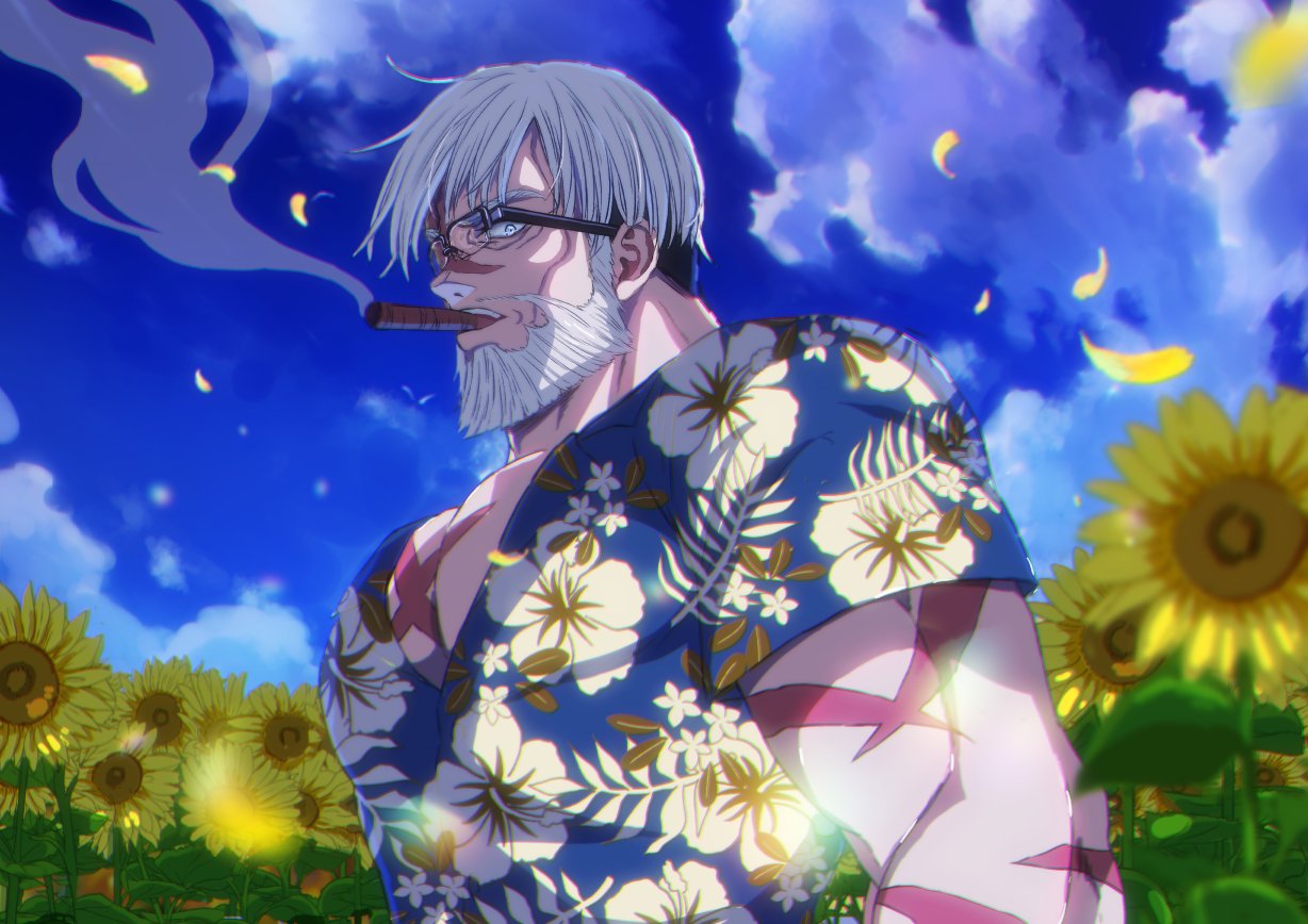 syugyout, leonidas (shuumatsu no valkyrie), shuumatsu no valkyrie, commentary request, 1boy, bara, beard, blue sky, cheekbones, cigar, facial hair, field, flower, flower field, glasses, hawaiian shirt, large pectorals, looking at viewer, male focus, pectorals, scar, scar on arm, scar on chest, scar on face, shirt, short sleeves, sky, smoke, smoke trail, solo, sunflower, sunflower field, white hair