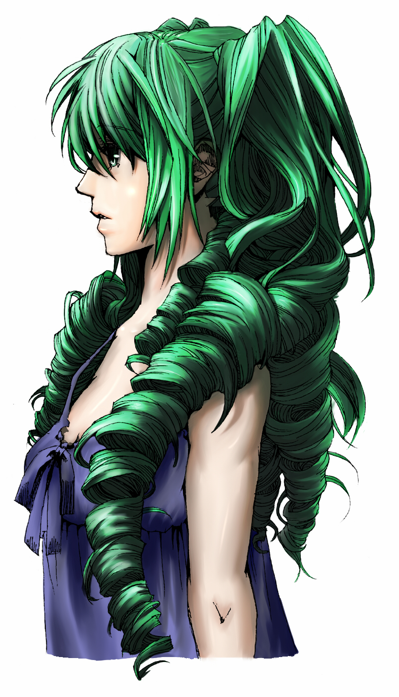 19 (pixiv), 1q (madoromi minority), nagi (pixiv), hatsune miku, vocaloid, bad id, colorized, highres, 1girl, blue eyes, drill hair, female focus, from side, green hair, profile, solo, twin drills, twintails