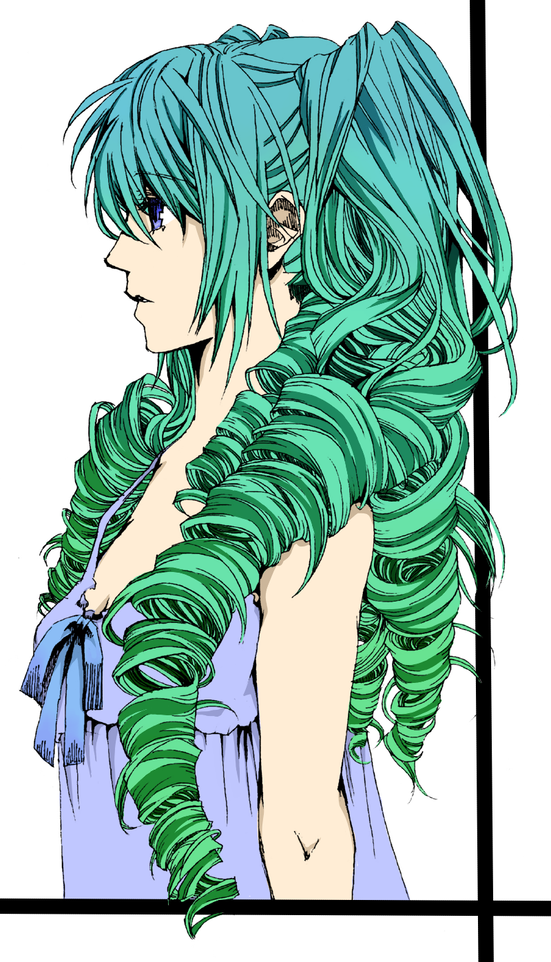 nagi (pixiv), hatsune miku, vocaloid, colorized, highres, aqua hair, blue eyes, drill hair, from side, gradient hair, green hair, multicolored hair, profile, solo, twin drills, twintails