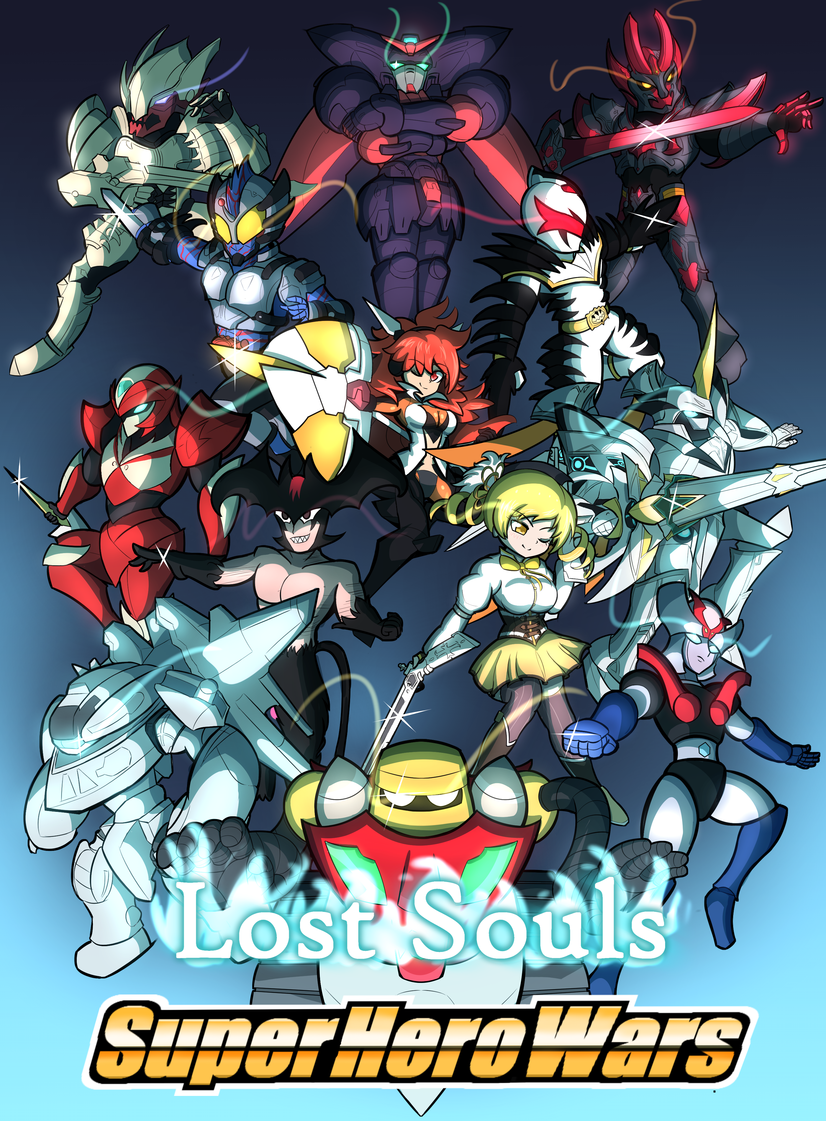 james (sirjames079), abare killer, amou kanade, fudou akira, tomoe mami, bakuryuu sentai abaranger, devilman, eiyuu densetsu, g gundam, getter robo, gundam, kamen rider, kamen rider amazons, mahou shoujo madoka magica, mahou shoujo madoka magica (anime), mazinger (series), mazinger z, sen no kiseki (series), sen no kiseki i, senki zesshou symphogear, super robot wars, super sentai, tekkaman blade, absurdres, character request, highres, 2girls, 6+boys, blonde hair, blue background, boots, breasts, copyright name, corset, crossed arms, crossover, drill, drill hair, dual wielding, energy sword, english text, gloves, glowing, glowing eyes, gradient background, green eyes, gun, hair ornament, hairpin, hat, holding, holding gun, holding sword, holding weapon, kamen rider amazon neo, lance, large breasts, logo parody, long hair, looking at viewer, magical girl, magical musket, mecha, mechanization, multiple boys, multiple crossover, multiple girls, parody, polearm, red eyes, red hair, retro artstyle, rifle, robot, science fiction, shield, skirt, smile, srw cover, style parody, super robot, sword, tail, thighhighs, title parody, trait connection, twin drills, twintails, v-fin, weapon, yellow eyes