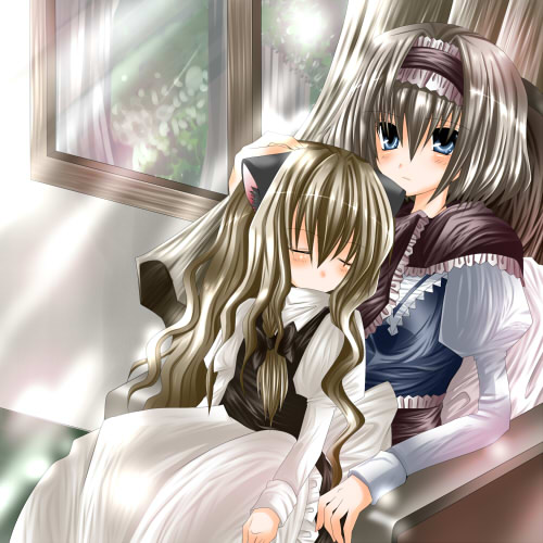 nanase nao, alice margatroid, kirisame marisa, touhou, bad id, bad pixiv id, lowres, 2girls, animal ears, blonde hair, blue eyes, braid, closed eyes, dog ears, female focus, hairband, indoors, long hair, multiple girls, ribbon, short hair, sitting, sitting on lap, sitting on person, sleeping, window