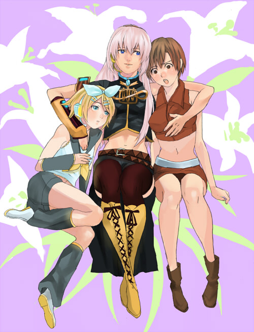chitose gitsune, kagamine rin, megurine luka, meiko (vocaloid), vocaloid, bad id, bad pixiv id, 3girls, blonde hair, blue eyes, blush, boots, breasts, brown eyes, brown hair, detached sleeves, flower, grabbing another's breast, groping, hair ornament, hairclip, headphones, knee boots, leg warmers, midriff, multiple girls, navel, pink hair, ribbon, short hair, shorts, thighhighs