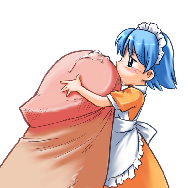 hinemosu notari, original, exif thumbnail surprise, 1girl, apron, blue eyes, blue hair, blush, drinking, fellatio, koonago, maid, maid apron, maid headdress, mini person, minigirl, oral, penis, penis hug, precum, profile, short hair, simple background, size difference, solo focus, uncensored, white background