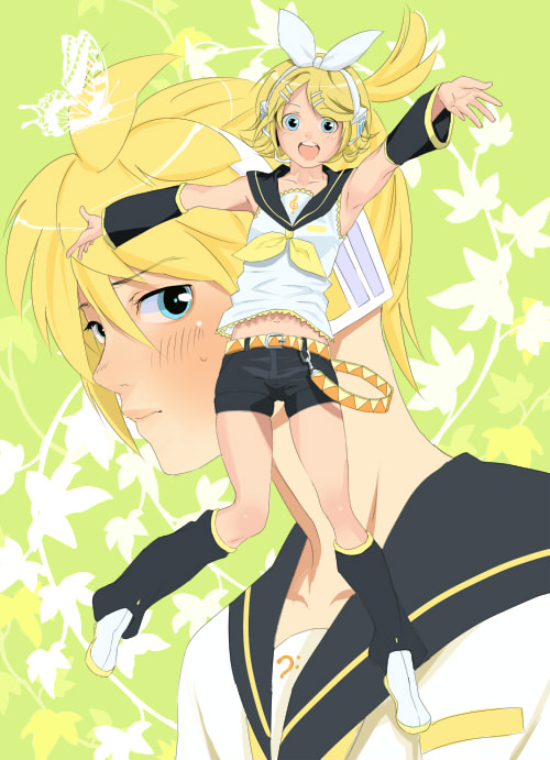 chitose gitsune, kagamine len, kagamine rin, vocaloid, bad id, bad pixiv id, 1boy, 1girl, aqua eyes, armpits, blonde hair, blush, brother and sister, bug, butterfly, detached sleeves, hair ornament, hairclip, headphones, leg warmers, midriff, ribbon, short hair, shorts, siblings, twins