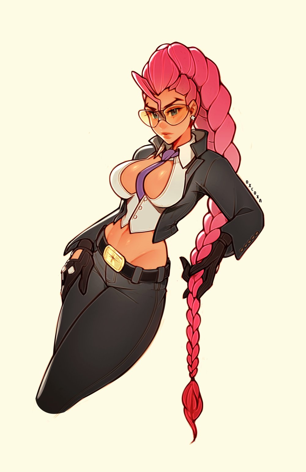 oxcoxa, crimson viper, capcom, street fighter, street fighter iv (series), highres, 1girl, artist name, black gloves, black jacket, black pants, braid, braided ponytail, breasts, female focus, formal clothes, glasses, gloves, high collar, jacket, large breasts, long sleeves, necktie, pants, pompadour, purple necktie, solo, suit jacket, tight clothes, tight pants, tinted eyewear, yellow-tinted eyewear