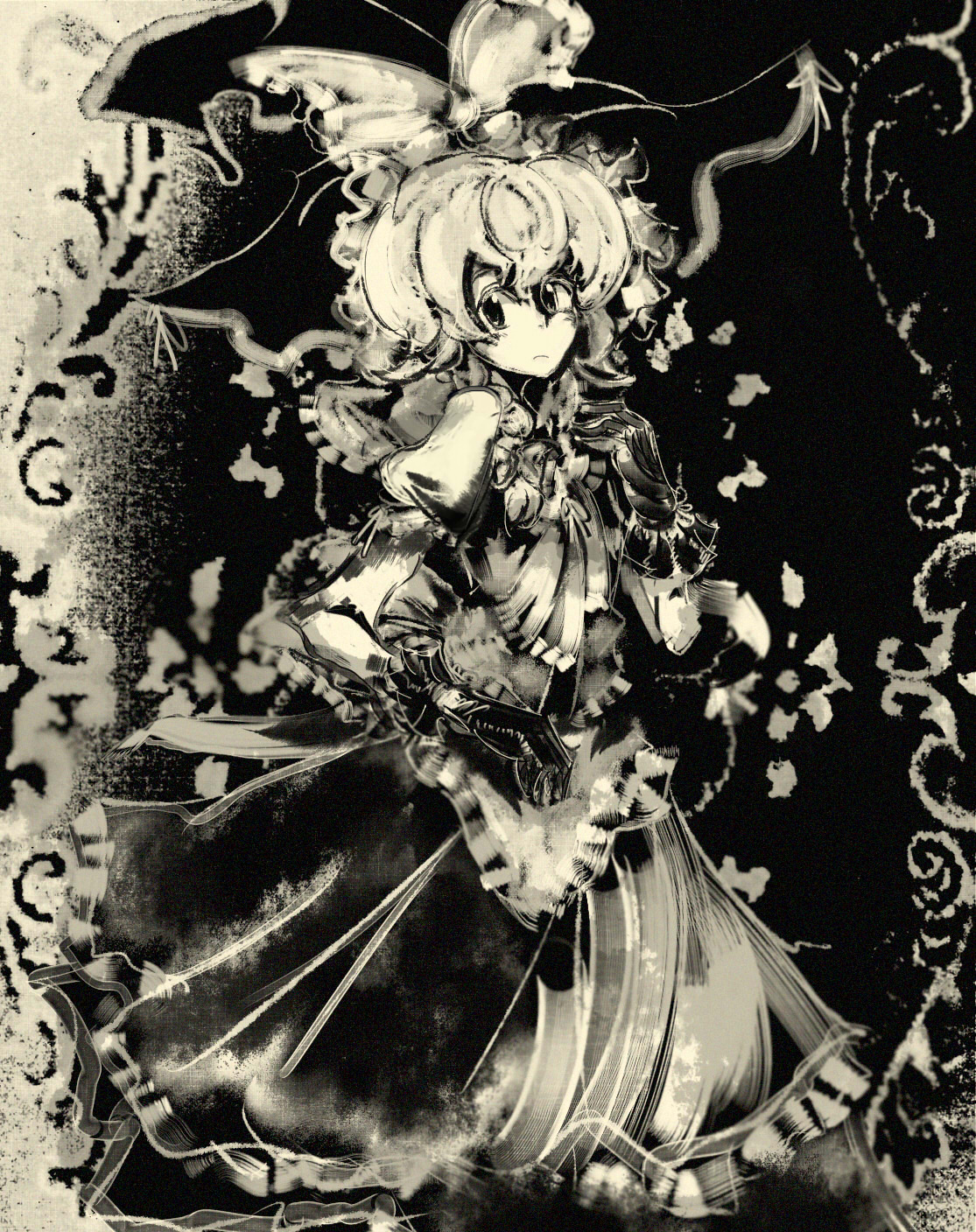 yoshioka yoshiko, kirisame marisa, touhou, highres, 1girl, female focus, gloves, hat, monochrome, sepia, solo, witch, witch hat