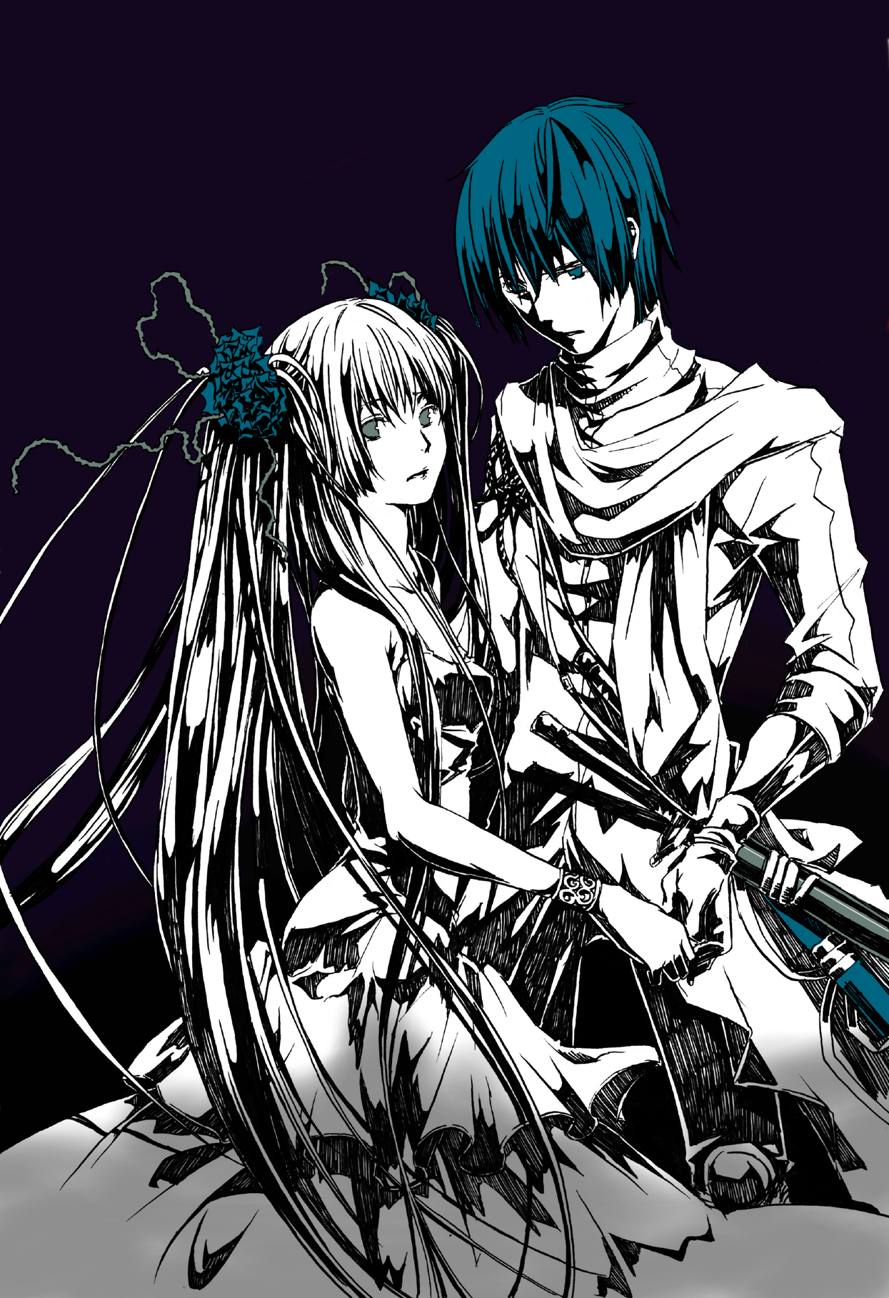 nagi (pixiv), hatsune miku, kaito (vocaloid), vocaloid, highres, black background, blue hair, dress, hair ornament, holding hands, long hair, monochrome, scarf, spot color, sword, twintails, very long hair, weapon, wristband