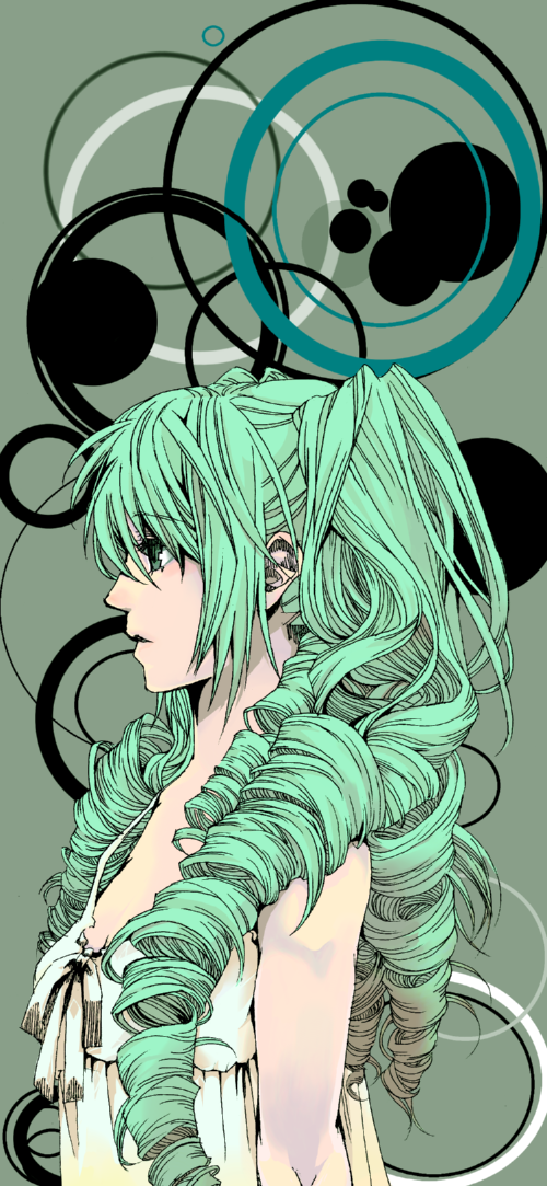 nagi (pixiv), hatsune miku, vocaloid, long image, tall image, drill hair, from side, green eyes, green hair, profile, solo, twin drills, twintails