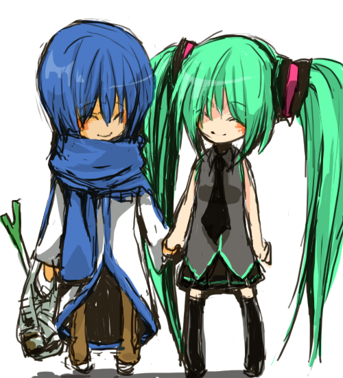 nagi (pixiv), hatsune miku, kaito (vocaloid), vocaloid, 1boy, 1girl, ^ ^, blue hair, blue scarf, closed eyes, green hair, groceries, hetero, holding hands, long hair, necktie, scarf, smile, spring onion, thighhighs, twintails, very long hair
