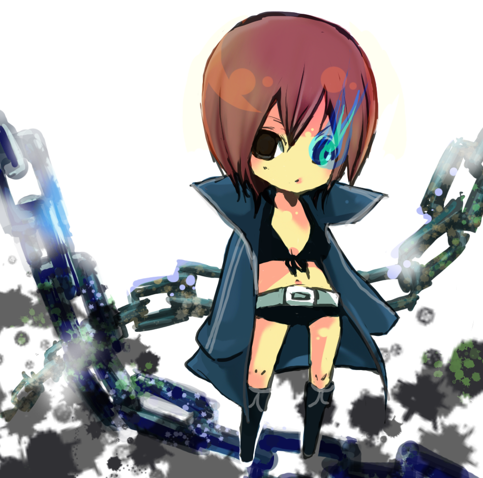 nagi (pixiv), black rock shooter (character), meiko (vocaloid), black rock shooter, vocaloid, 1girl, bikini, bikini top only, black rock shooter (cosplay), boots, brown hair, cape, chain, chibi, cosplay, female focus, midriff, short hair, solo, swimsuit