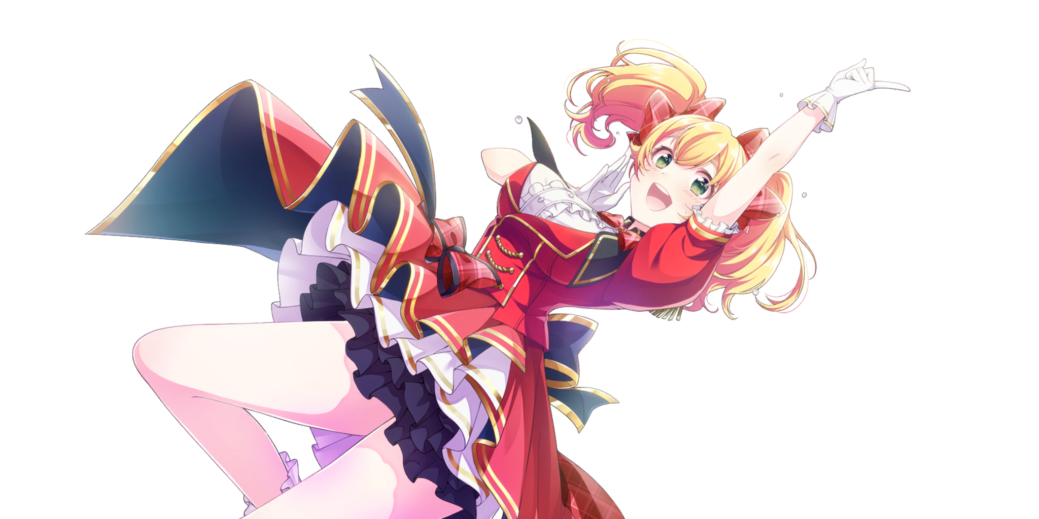 lavie (lapis re:lights), lapis re:lights, game cg, highres, official art, third-party source, 1girl, arm up, black skirt, blonde hair, blush, bow, breasts, buttons, cowboy shot, dot nose, double-breasted, dress, dutch angle, gloves, green eyes, hair bow, hand up, index finger raised, large breasts, layered skirt, looking at viewer, open mouth, plaid bow, red bow, red dress, red skirt, short sleeves, simple background, skirt, smile, solo, sparkle, standing, standing on one leg, teeth, transparent background, twintails, upper teeth only, white gloves, white skirt