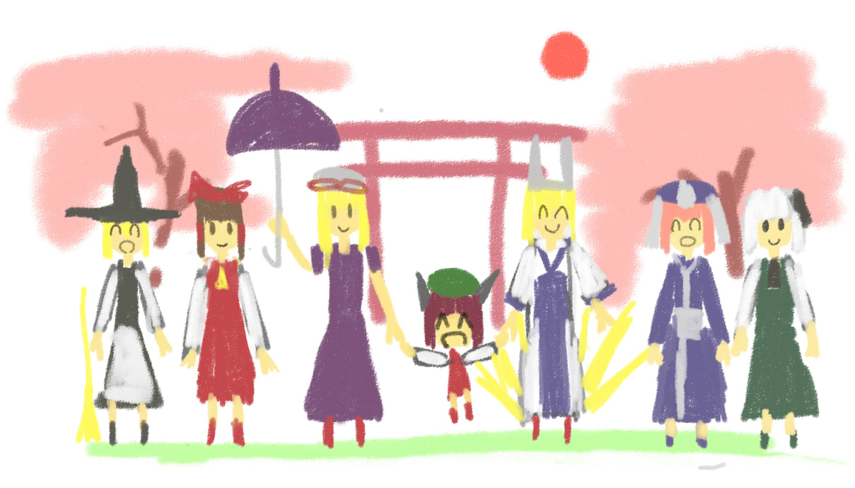 yoshioka yoshiko, chen, hakurei reimu, kirisame marisa, konpaku youmu, saigyouji yuyuko, yakumo ran, yakumo yukari, touhou, 6+girls, ^ ^, blonde hair, child's drawing, closed eyes, dress, female focus, happy, hat, holding hands, multiple girls, nature, outdoors, parasol, plant, smile, torii, umbrella, witch, witch hat