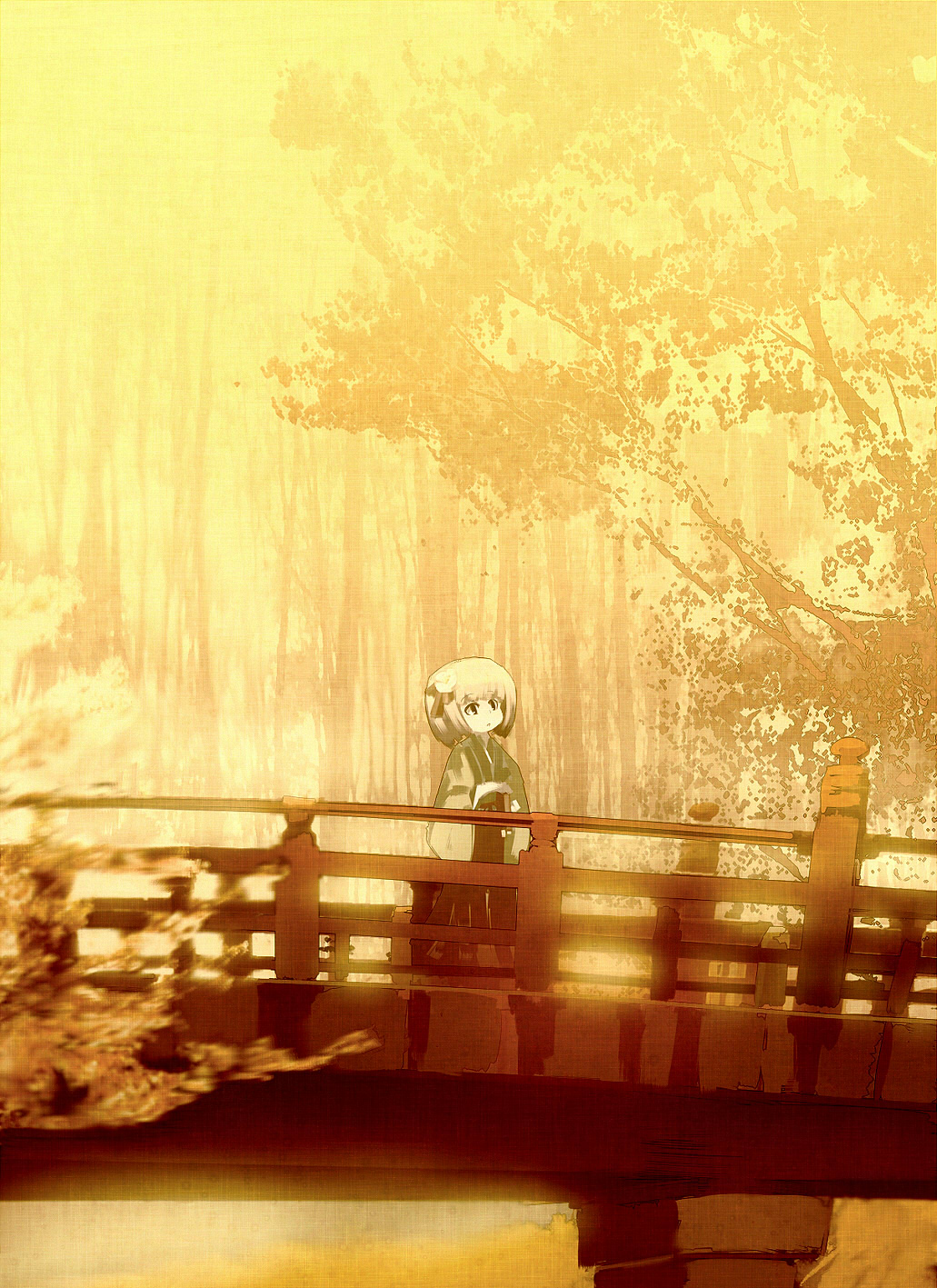 yoshioka yoshiko, hieda no akyuu, touhou, highres, 1girl, bridge, female focus, outdoors, plant, short hair, solo, standing, tree