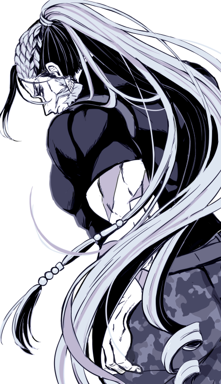 syugyout, leonidas (shuumatsu no valkyrie), shuumatsu no valkyrie, 1boy, beard, black background, braid, camouflage, camouflage pants, closed mouth, facial hair, long hair, looking back, male focus, monochrome, muscular, muscular male, pants, ponytail, scar, scar on arm, simple background, solo, very long hair
