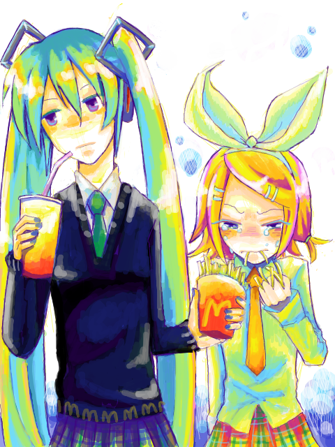 shintaniya, hatsune miku, kagamine rin, mcdonald's, vocaloid, bad id, bad pixiv id, 2girls, aqua eyes, aqua hair, blonde hair, blue eyes, eating, food, french fries, gradient hair, hair ornament, hairclip, headphones, long hair, multicolored hair, multiple girls, necktie, ribbon, short hair, sweater, tears, v-neck, very long hair, vest