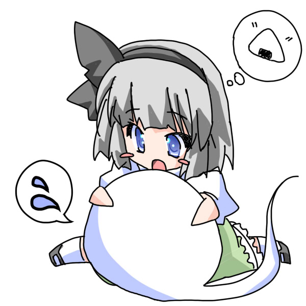 hazuki m, konpaku youmu, konpaku youmu (ghost), touhou, silver hair, 1girl, biting, blue eyes, chibi, female focus, food, full body, ghost, hairband, hitodama, onigiri, short hair, simple background, solo, spoken sweatdrop, sweatdrop, white background