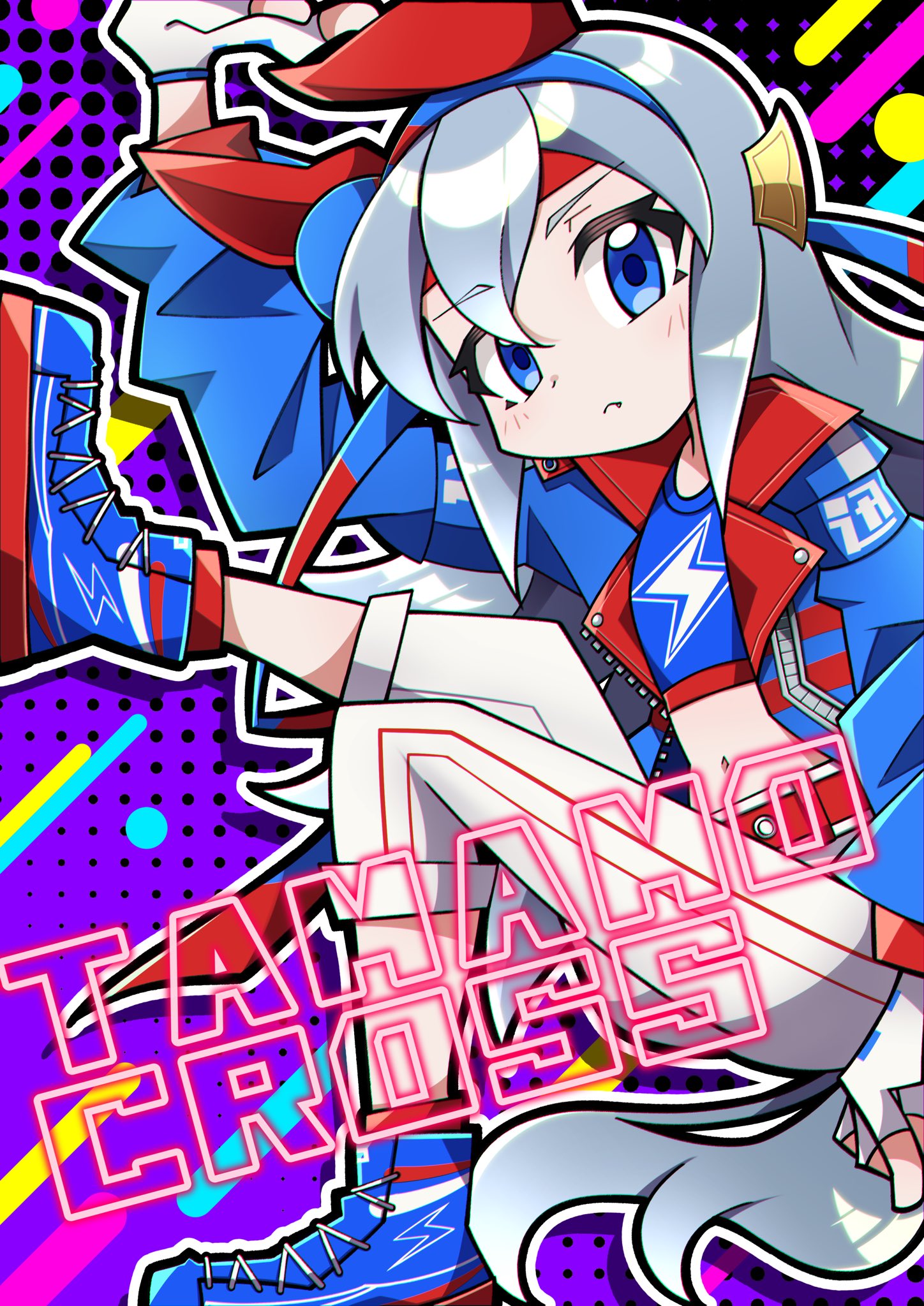 crutch elbow, tamamo cross (umamusume), tamamo cross (with lightning speed) (umamusume), umamusume, umamusume: cinderella gray, highres, animal ears, belt, blue hairband, blue jacket, blue sports bra, crop top, ear covers, ear ornament, fingerless gloves, gloves, grey tail, hairband, headband, horse ears, horse girl, horse tail, jacket, lightning bolt print, lightning bolt symbol, pants, red belt, red headband, sports bra, striped clothes, striped hairband, tail, white pants
