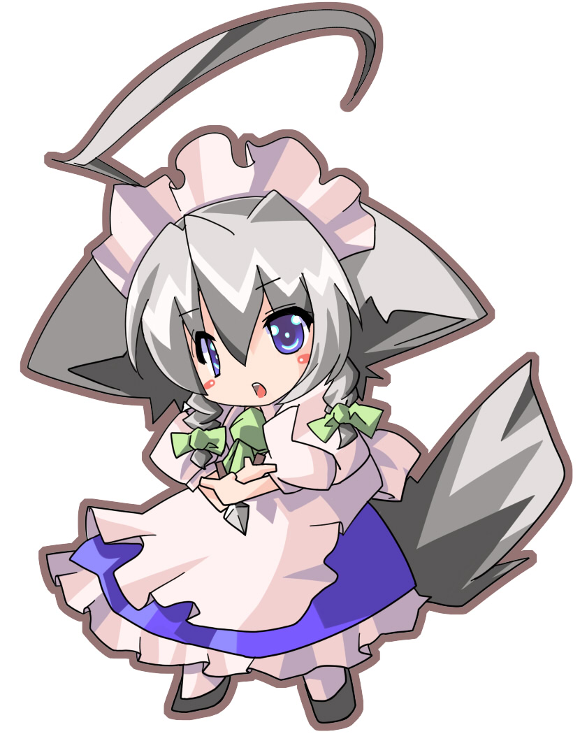 hazuki m, inu sakuya (nejikirio), izayoi sakuya, touhou, silver hair, 1girl, ahoge, animal ears, blue eyes, chibi, dog ears, dog tail, female focus, hairband, huge ahoge, maid, ribbon, short hair, solo, tail
