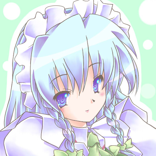 hazuki m, izayoi sakuya, touhou, silver hair, lowres, 1girl, blue eyes, braid, female focus, maid, short hair, solo, twin braids, upper body