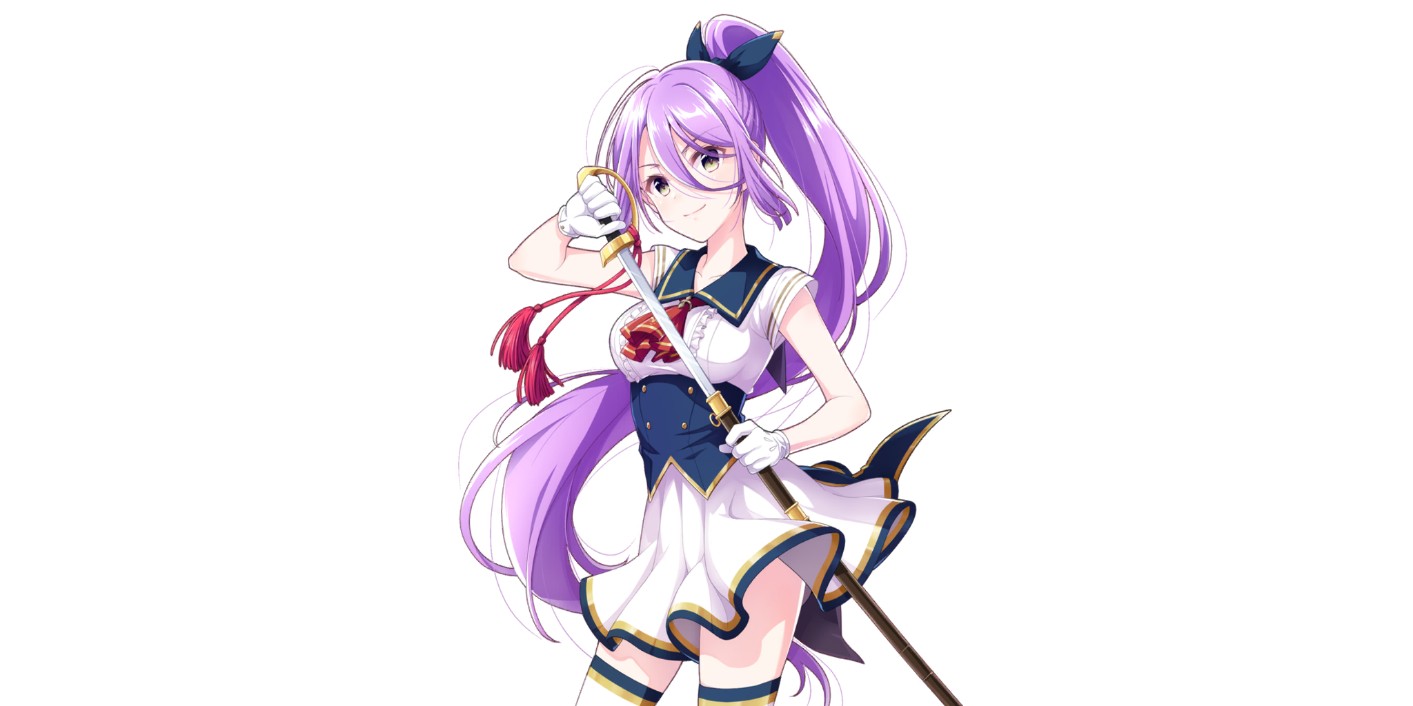 ashley (lapis re:lights), lapis re:lights, game cg, highres, official art, third-party source, 1girl, black bow, blue corset, blue sailor collar, bow, breasts, closed mouth, corset, cowboy shot, dress, gloves, green eyes, hair bow, high ponytail, holding, holding sheath, long hair, looking at viewer, medium breasts, ponytail, purple hair, saber (weapon), sailor collar, scabbard, school uniform, sheath, short sleeves, sidelocks, simple background, smile, solo, sword, tassel, thighhighs, transparent background, very long hair, weapon, white dress, white gloves, white thighhighs, zettai ryouiki