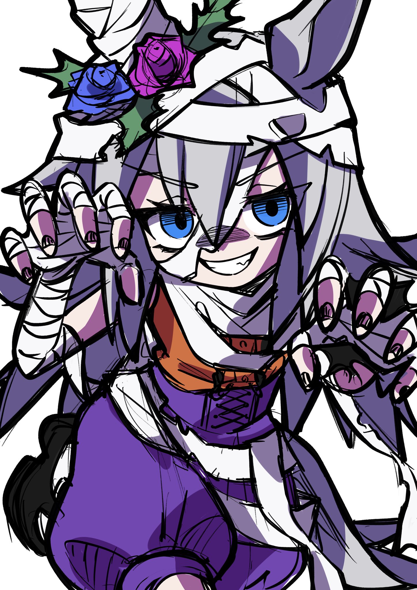 crutch elbow, tamamo cross (umamusume), umamusume, umamusume: cinderella gray, highres, alternate costume, animal ears, bandages, blue hairband, bow, ear bow, ear covers, ear ornament, grey hair, grey tail, hairband, headband, horse ears, horse girl, horse tail, mummy, mummy costume, red headband, striped clothes, striped hairband, tail