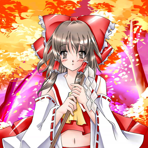 hazuki m, hakurei reimu, touhou, 1girl, autumn, blush, broom, brown hair, detached sleeves, female focus, gohei, hair tubes, japanese clothes, midriff, miko, nature, navel, oonusa, outdoors, plant, solo, tree, upper body