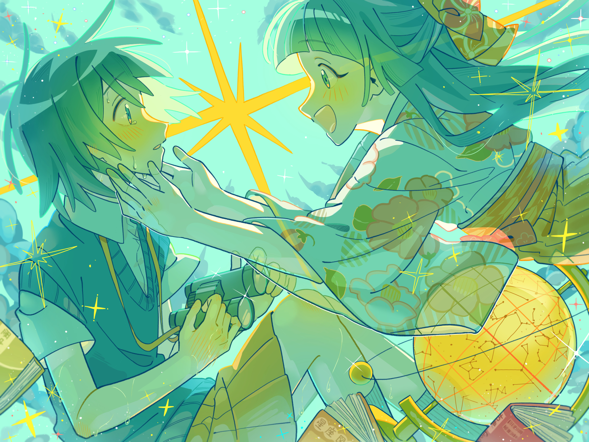 original, commentary request, highres, 2girls, aqua hair, arch, binoculars, blush, collared shirt, constellation print, cool colored, crying, crying with eyes open, floral print, floral print kimono, ghost, globe, grey shirt, grey sweater vest, haluhalu0403, holding, holding binoculars, japanese clothes, kimono, multiple girls, open mouth, parted lips, pleated skirt, print kimono, shirt, short hair, sitting, skirt, smile, sparkle, sweater vest, tears, v-neck, wing collar, yellow skirt