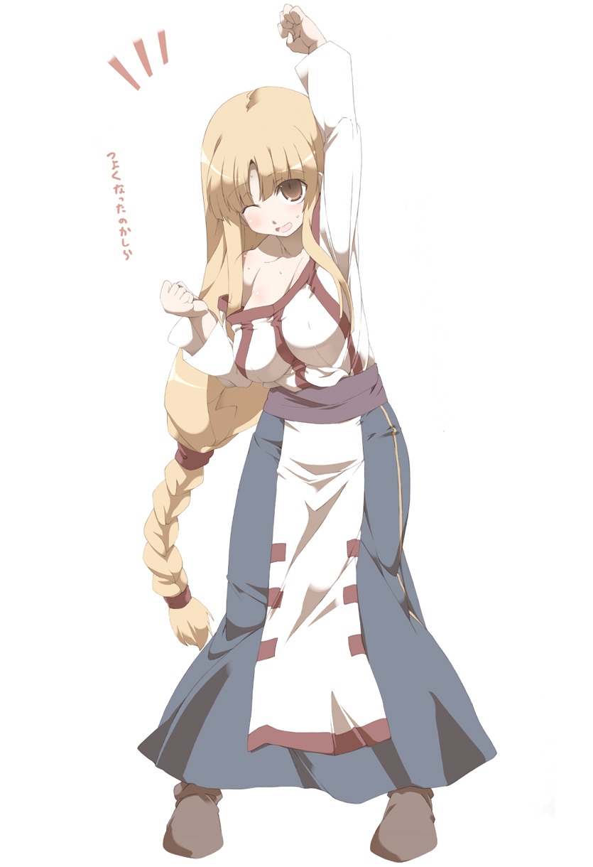 tokyo (great akuta), lieza (arc the lad), arc the lad, arc the lad i, arc the lad ii, highres, translated, 1girl, blonde hair, braid, breasts, cleavage, female focus, large breasts, long hair, low-tied long hair, one eye closed, single braid, solo, text focus, very long hair, white background, wink