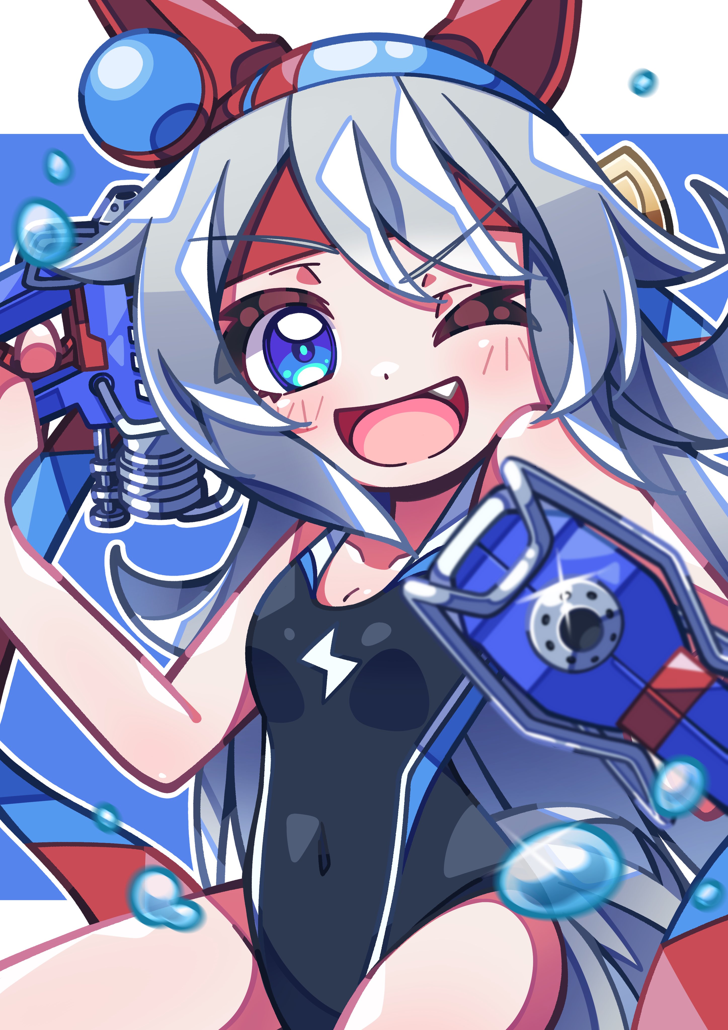crutch elbow, tamamo cross (umamusume), umamusume, umamusume: cinderella gray, absurdres, highres, animal ears, blue hairband, bow, breasts, covered navel, ear bow, ear covers, ear ornament, grey hair, grey tail, hairband, headband, horse ears, horse girl, horse tail, navel, one-piece swimsuit, red headband, striped clothes, striped hairband, swimsuit, tail, water gun