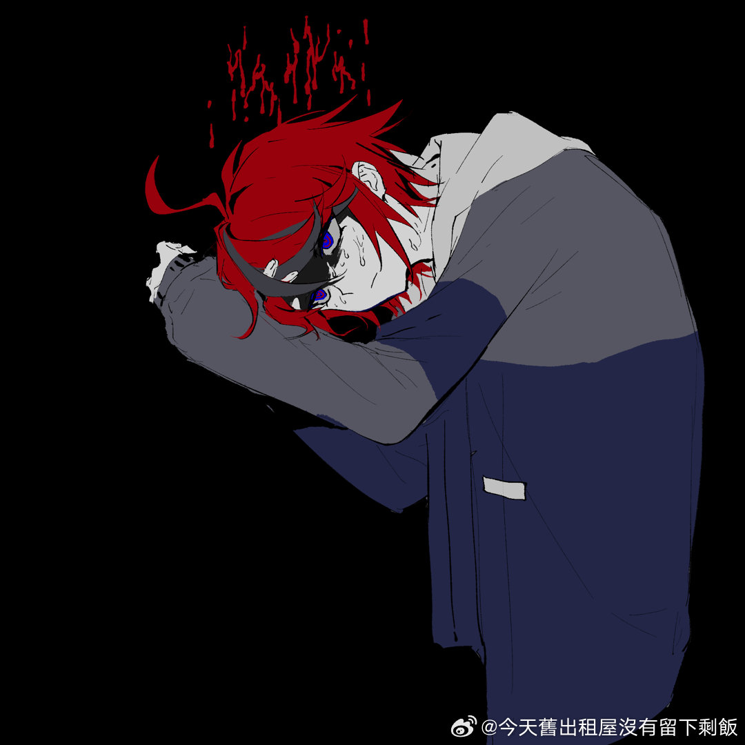 mint1618680, sumino takumi, the hundred line -last defense academy-, 1boy, ahoge, black background, blood, blue eyes, closed mouth, frown, grey jacket, jacket, long sleeves, male focus, multicolored hair, red hair, red pupils, ringed eyes, shaded face, short hair, simple background, solo, streaked hair