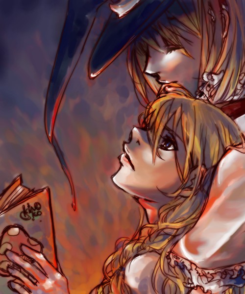 aria (harahachibunme), aria (opera), alice margatroid, kirisame marisa, touhou, bad id, bad pixiv id, 2girls, blonde hair, blue eyes, book, braid, closed eyes, female focus, hat, long hair, multiple girls, open book, reading, short hair, witch, witch hat