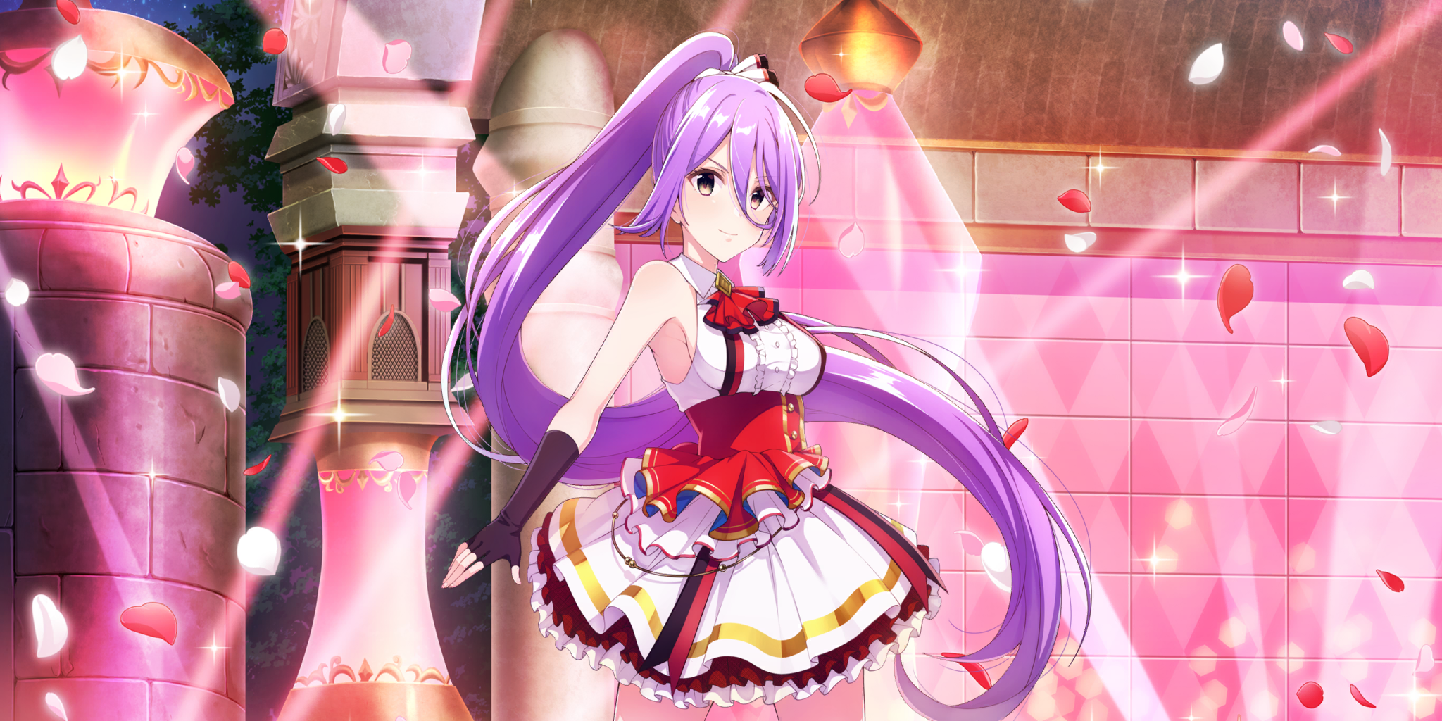 ashley (lapis re:lights), lapis re:lights, game cg, highres, official art, third-party source, 1girl, arch, bare shoulders, black gloves, bow, breasts, brick, closed mouth, corset, cowboy shot, dot nose, dress, falling petals, fingerless gloves, gloves, green eyes, hair bow, high ponytail, idol, idol clothes, layered skirt, long hair, looking at viewer, medium breasts, night, night sky, outdoors, petals, ponytail, purple hair, red corset, red petals, red skirt, sideboob, sidelocks, skirt, sky, sleeveless, sleeveless dress, smile, solo, stage lights, tile wall, tiles, tree, very long hair, white bow, white dress, white petals, white skirt