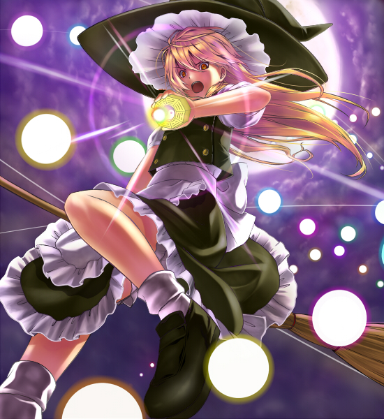 inuzuka bouru, kirisame marisa, touhou, bad id, bad pixiv id, 1girl, attack, blonde hair, broom, broom riding, danmaku, female focus, gradient background, hat, long hair, mini-hakkero, moon, outdoors, skirt, sky, solo, witch, witch hat, yellow eyes