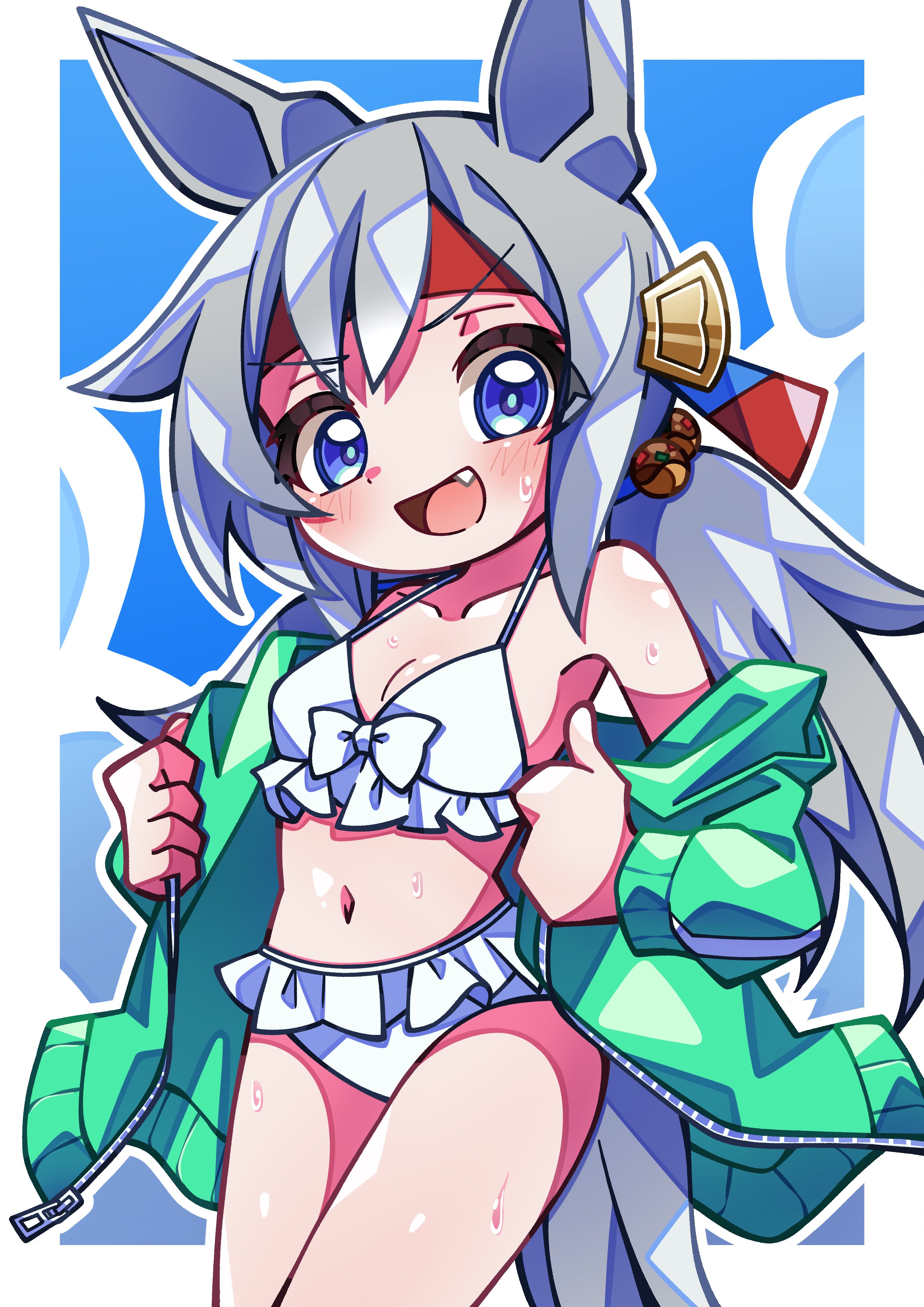 crutch elbow, tamamo cross (umamusume), umamusume, umamusume: cinderella gray, absurdres, highres, 1girl, ahoge, animal ears, blue eyes, blush, bow, ear bow, ear ornament, fang, green jacket, grey hair, grey tail, hair between eyes, horse ears, horse girl, horse tail, jacket, long hair, open mouth, smile, solo, swimsuit, tail, very long hair