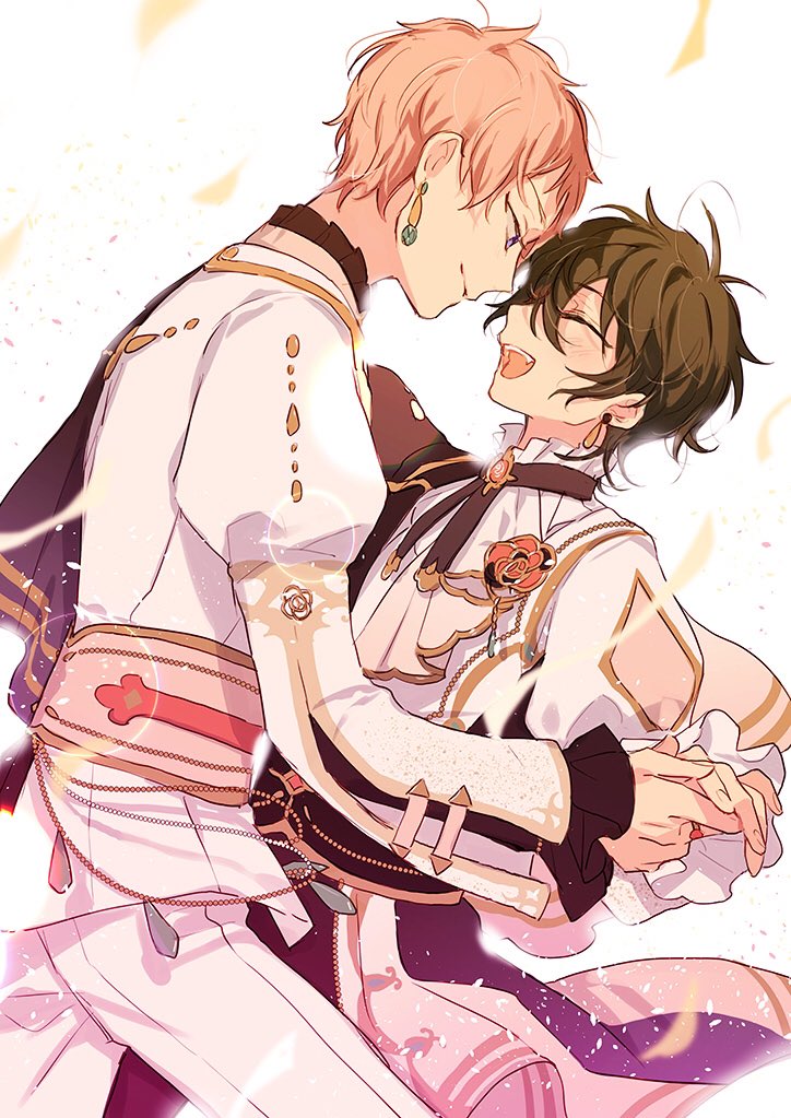 amanemio2, itsuki shu, kagehira mika, ensemble stars!, commentary request, 2boys, black hair, closed eyes, closed mouth, earrings, facing another, flower, hair between eyes, jewelry, long sleeves, looking at another, male focus, multiple boys, official alternate costume, open mouth, pink hair, purple eyes, raison d'etre (ensemble stars!), short hair, smile, teeth, upper teeth only, valkyrie (ensemble stars!), white background