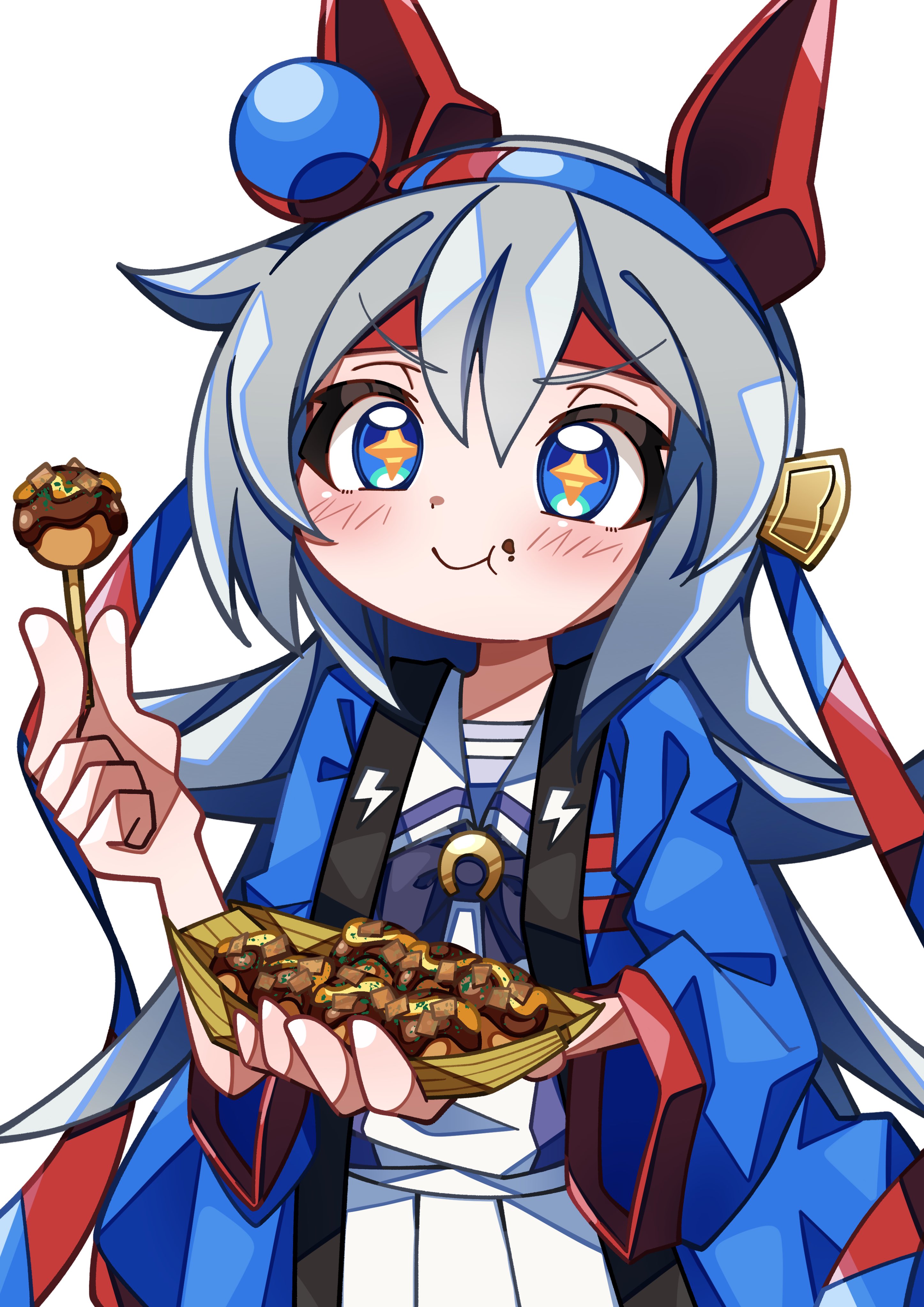 crutch elbow, tamamo cross (umamusume), umamusume, umamusume: cinderella gray, absurdres, highres, 1girl, animal ears, blue eyes, blue hairband, blush, bow, ear bow, ear covers, ear ornament, food, glutton, grey hair, grey tail, hair between eyes, hairband, headband, horse ears, horse girl, horse tail, horseshoe ornament, jacket, long hair, long sleeves, red headband, school uniform, smile, solo, striped clothes, striped hairband, tail, takoyaki, tracen school uniform, very long hair