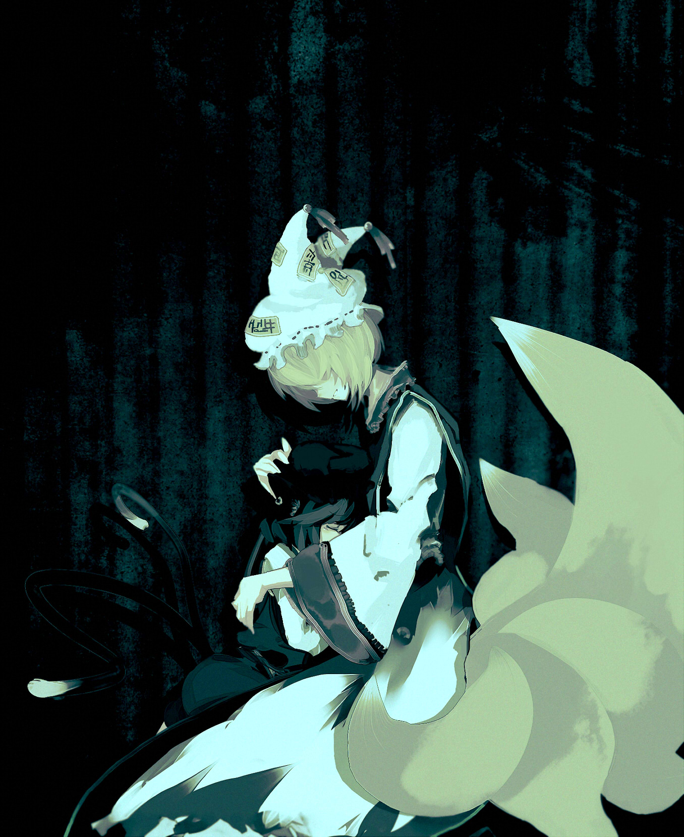 yoshioka yoshiko, chen, yakumo ran, touhou, highres, 2girls, animal ears, animal hat, black background, blonde hair, cat ears, cat girl, cat tail, earrings, female focus, fox tail, hat, hug, jewelry, long sleeves, mob cap, multiple girls, profile, short hair, tail, tassel, wide sleeves