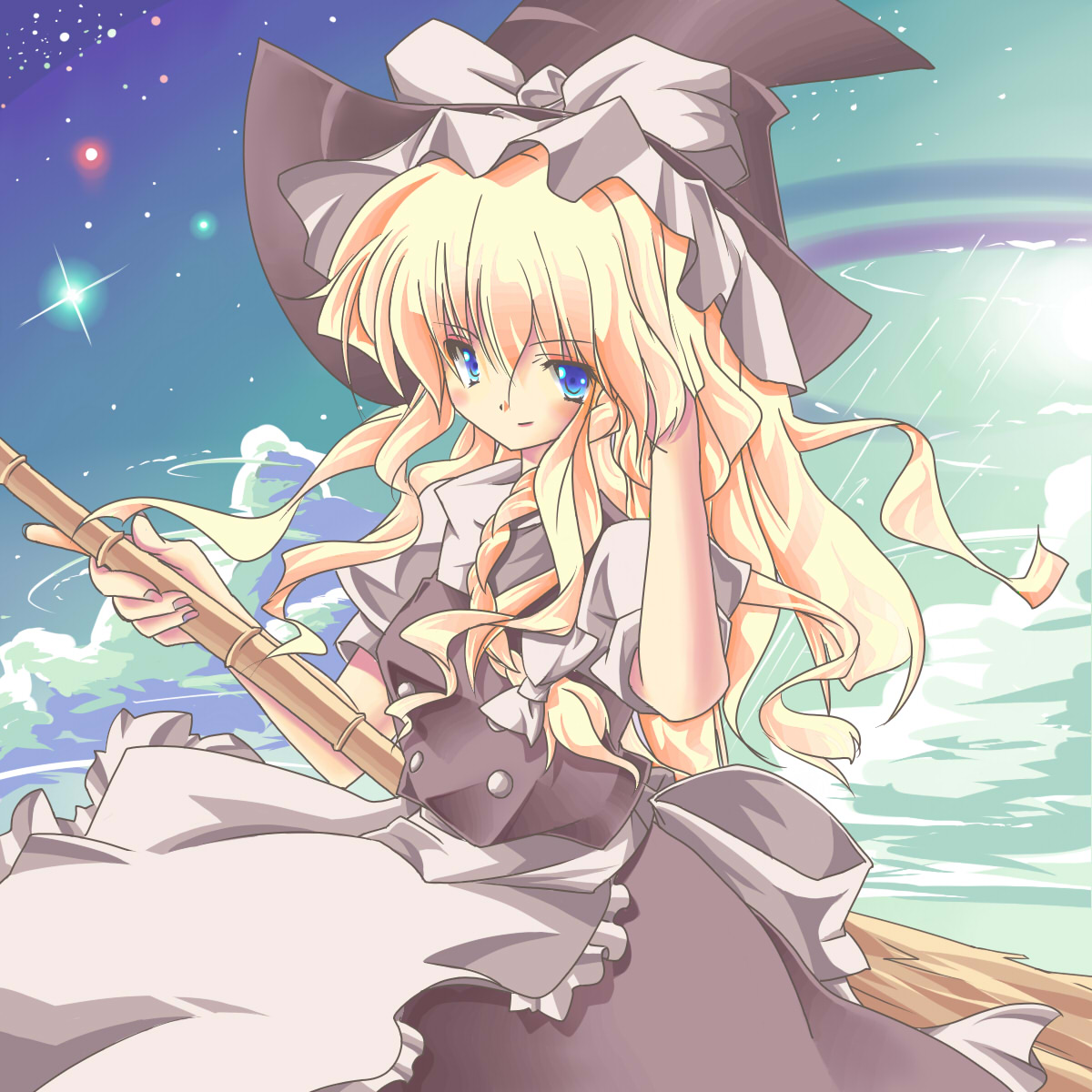 hazuki m, kirisame marisa, touhou, highres, 1girl, blonde hair, blue eyes, braid, broom, broom riding, cloud, female focus, hat, long hair, nail polish, pink nails, solo, witch, witch hat
