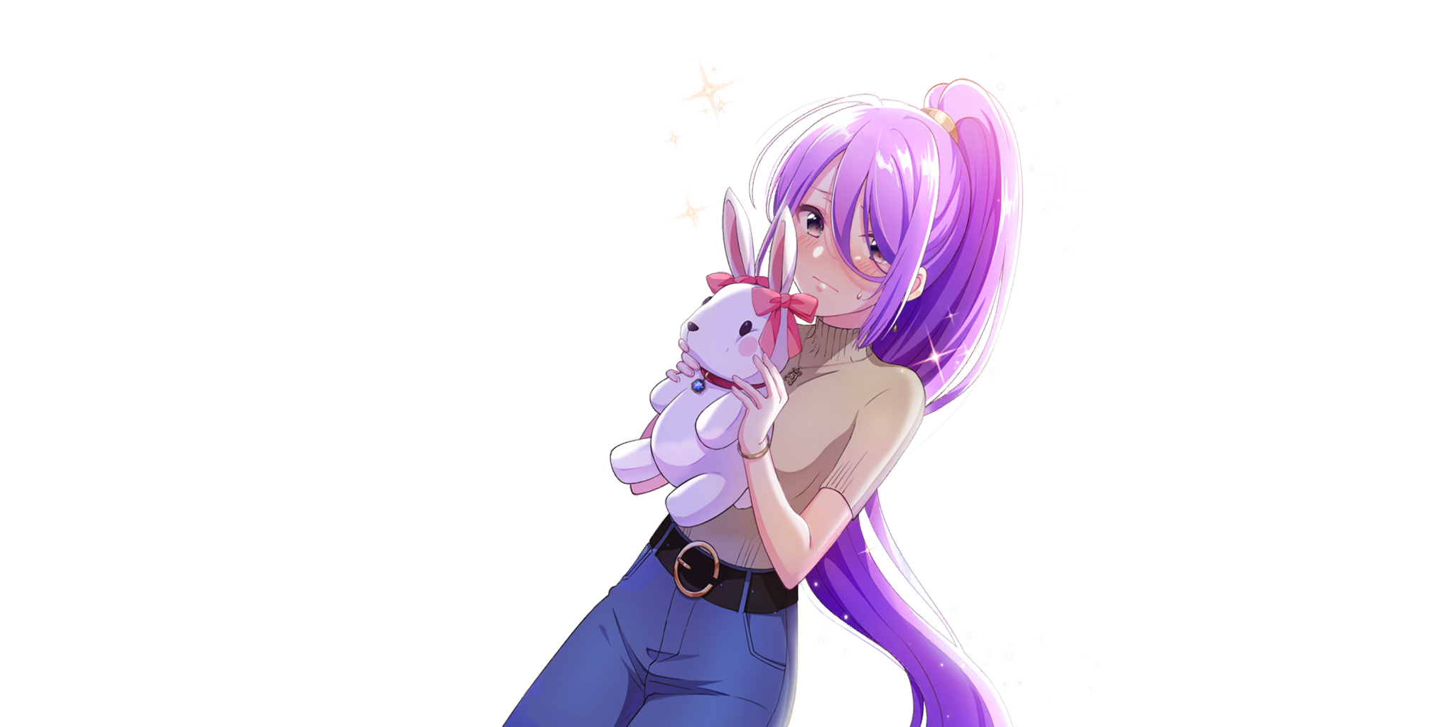 ashley (lapis re:lights), lapis re:lights, game cg, highres, official art, third-party source, 1girl, belt, black belt, blue pants, blush, bow, breasts, brown shirt, cowboy shot, green eyes, hair between eyes, high ponytail, holding, holding stuffed toy, long hair, looking at viewer, medium breasts, pants, pink bow, ponytail, purple hair, shirt, short sleeves, sidelocks, simple background, small sweatdrop, solo, sparkle, stuffed animal, stuffed rabbit, stuffed toy, transparent background, very long hair