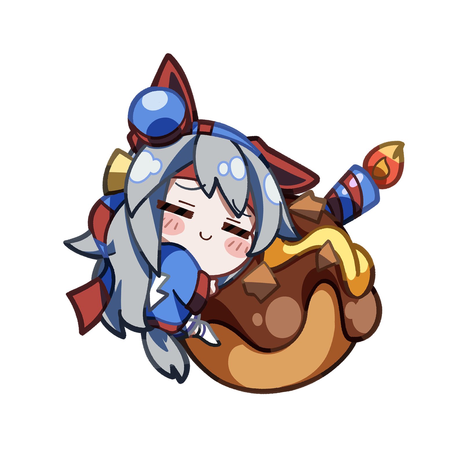 crutch elbow, tamamo cross (umamusume), umamusume, umamusume: cinderella gray, highres, animal ears, blue hairband, bow, ear bow, ear covers, ear ornament, food, grey hair, grey tail, hairband, headband, horse ears, horse girl, horse tail, horseshoe ornament, red headband, school uniform, striped clothes, striped hairband, tail, takoyaki, tracen school uniform