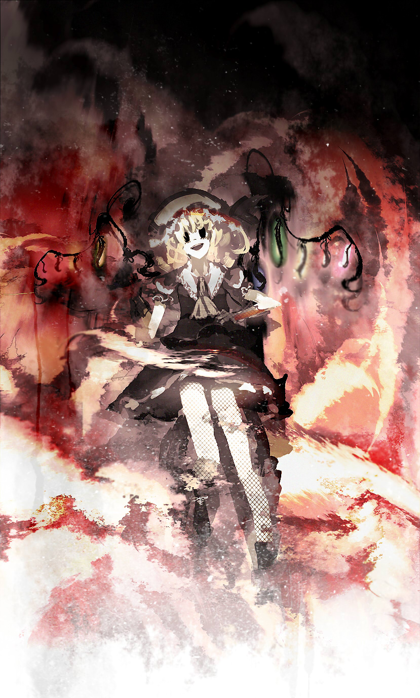 yoshioka yoshiko, flandre scarlet, touhou, highres, 1girl, blonde hair, female focus, hat, solo, vampire, wings