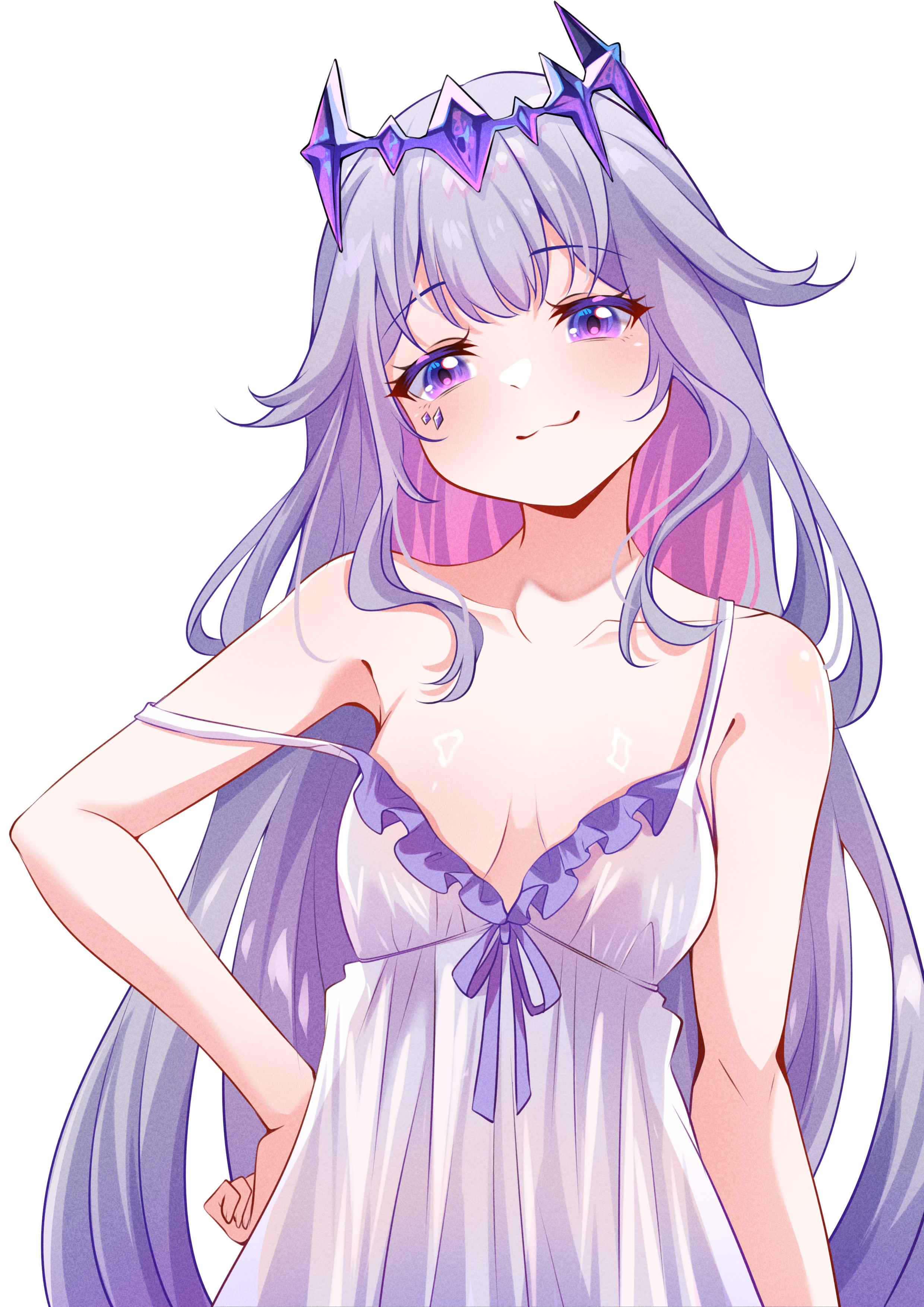 cyanzan, koseki bijou, hololive, hololive english, absurdres, commentary request, highres, 1girl, :3, alternate costume, bare arms, breasts, circlet, cleavage, closed mouth, colored inner hair, cowboy shot, double-parted bangs, frilled nightgown, gradient hair, hair flaps, hand on own hip, jewel under eye, long hair, looking at viewer, multicolored hair, nightgown, pink hair, purple eyes, purple hair, sidelocks, simple background, small breasts, smile, solo, strap slip, very long hair, virtual youtuber, white background, white nightgown