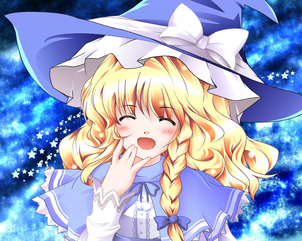 hazuki m, kirisame marisa, touhou, bad id, bad pixiv id, 1girl, ^ ^, alternate color, blonde hair, blush, braid, closed eyes, female focus, hat, long hair, smile, solo, star (symbol), upper body, witch, witch hat