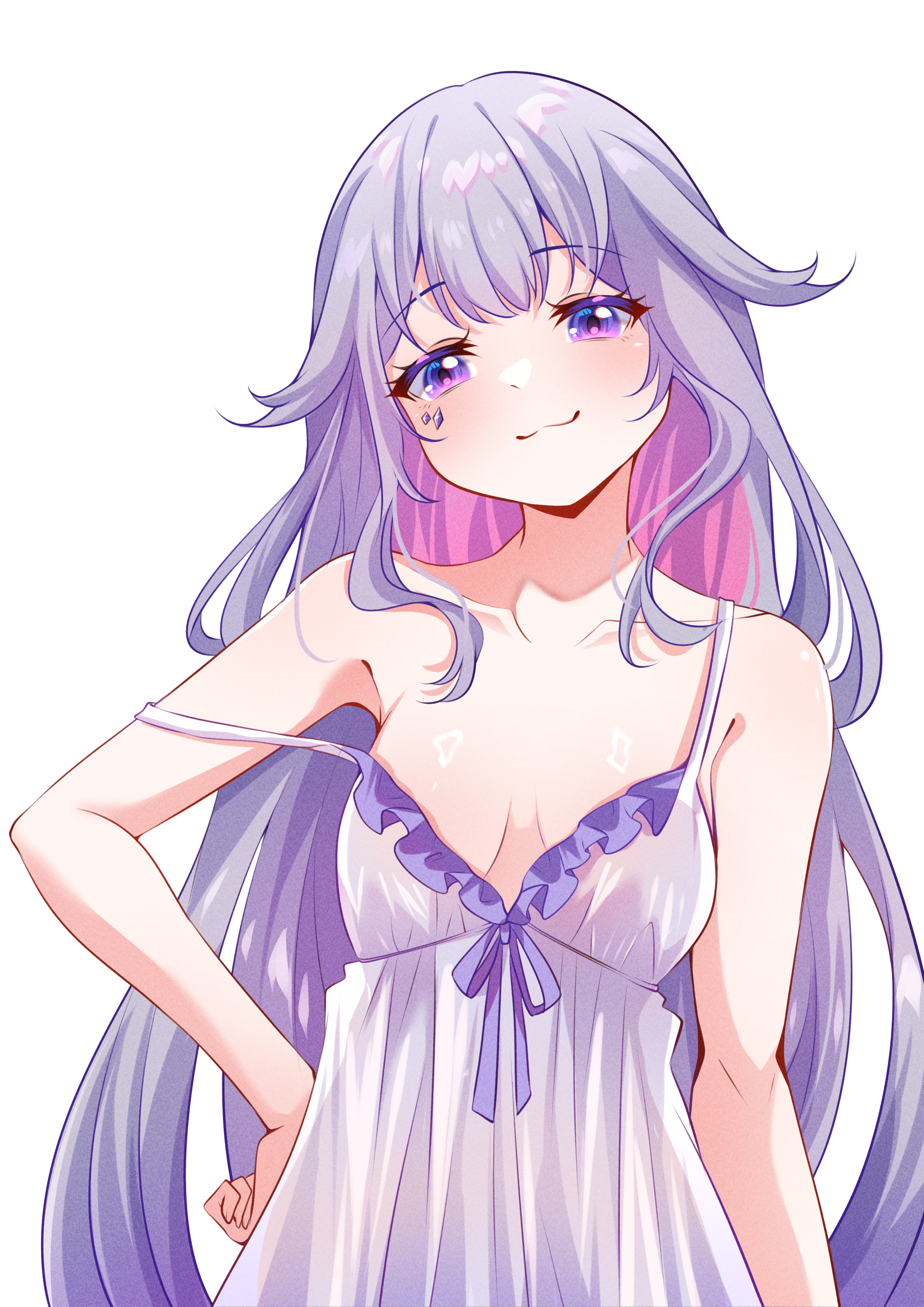 cyanzan, koseki bijou, hololive, hololive english, absurdres, commentary request, highres, 1girl, :3, alternate costume, bare arms, breasts, cleavage, closed mouth, colored inner hair, cowboy shot, double-parted bangs, frilled nightgown, gradient hair, hair flaps, hand on own hip, jewel under eye, long hair, looking at viewer, multicolored hair, nightgown, pink hair, purple eyes, purple hair, sidelocks, simple background, small breasts, smile, solo, strap slip, very long hair, virtual youtuber, white background, white nightgown