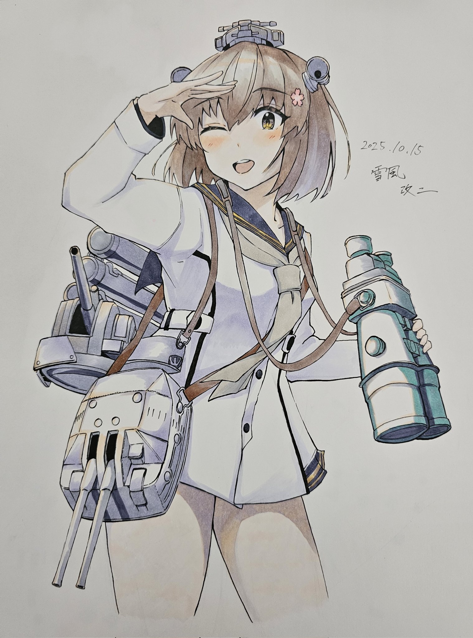takechi (yamato kure 46), yukikaze (kancolle), yukikaze kai ni (kancolle), kantai collection, highres, 1girl, adapted turret, anti-aircraft, anti-aircraft gun, blue sailor collar, brown eyes, brown hair, cannon, cowboy shot, dress, flower, grey neckerchief, hair between eyes, hair flower, hair ornament, headgear, long sleeves, machinery, neckerchief, one eye closed, open mouth, radar hair ornament, rigging, sailor collar, sailor dress, ship turret, short hair, simple background, solo, torpedo launcher, white background, white dress