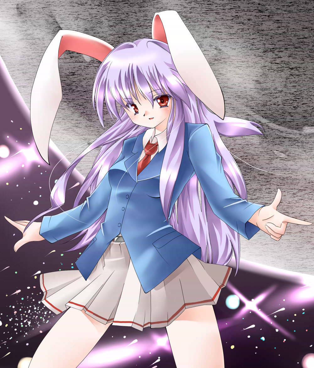 hazuki m, reisen udongein inaba, touhou, bad id, bad pixiv id, 1girl, animal ears, blazer, double finger gun, female focus, finger gun, jacket, long hair, moon, necktie, pleated skirt, purple hair, rabbit ears, red eyes, red necktie, skirt, solo, space