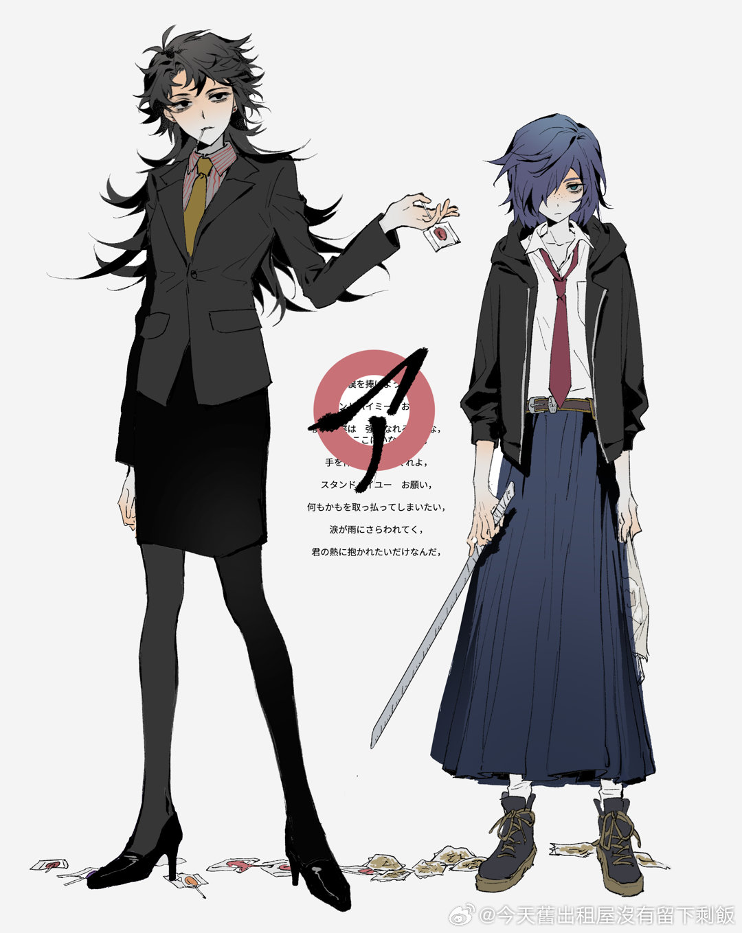 mint1618680, kuji chikai, kuji toi, sarazanmai, highres, translation request, 2girls, a katakana sign (sarazanmai), black hair, black jacket, black pantyhose, black shoes, black skirt, blue hair, blue skirt, candy, collared shirt, food, freckles, full body, genderswap, genderswap (mtf), hair over one eye, high heels, holding, holding candy, holding food, holding lollipop, holding ruler, hood, hood down, jacket, lollipop, lollipop in mouth, long hair, long skirt, long sleeves, looking at viewer, messy hair, multiple girls, necktie, pantyhose, pencil skirt, red necktie, shirt, shoes, siblings, simple background, sisters, skirt, striped clothes, striped shirt, white shirt, yellow necktie