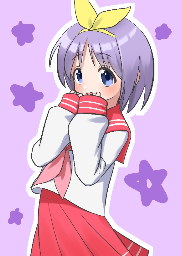 hiiragi tsukasa, lucky star, 1girl, blue eyes, blush, dot nose, feet out of frame, female focus, hair ribbon, long hair, looking at viewer, open mouth, purple hair, red sailor collar, red skirt, ribbon, ryouou school uniform, sailor collar, school uniform, serafuku, shirt, short hair, skirt, solo, standing, star (symbol), white shirt