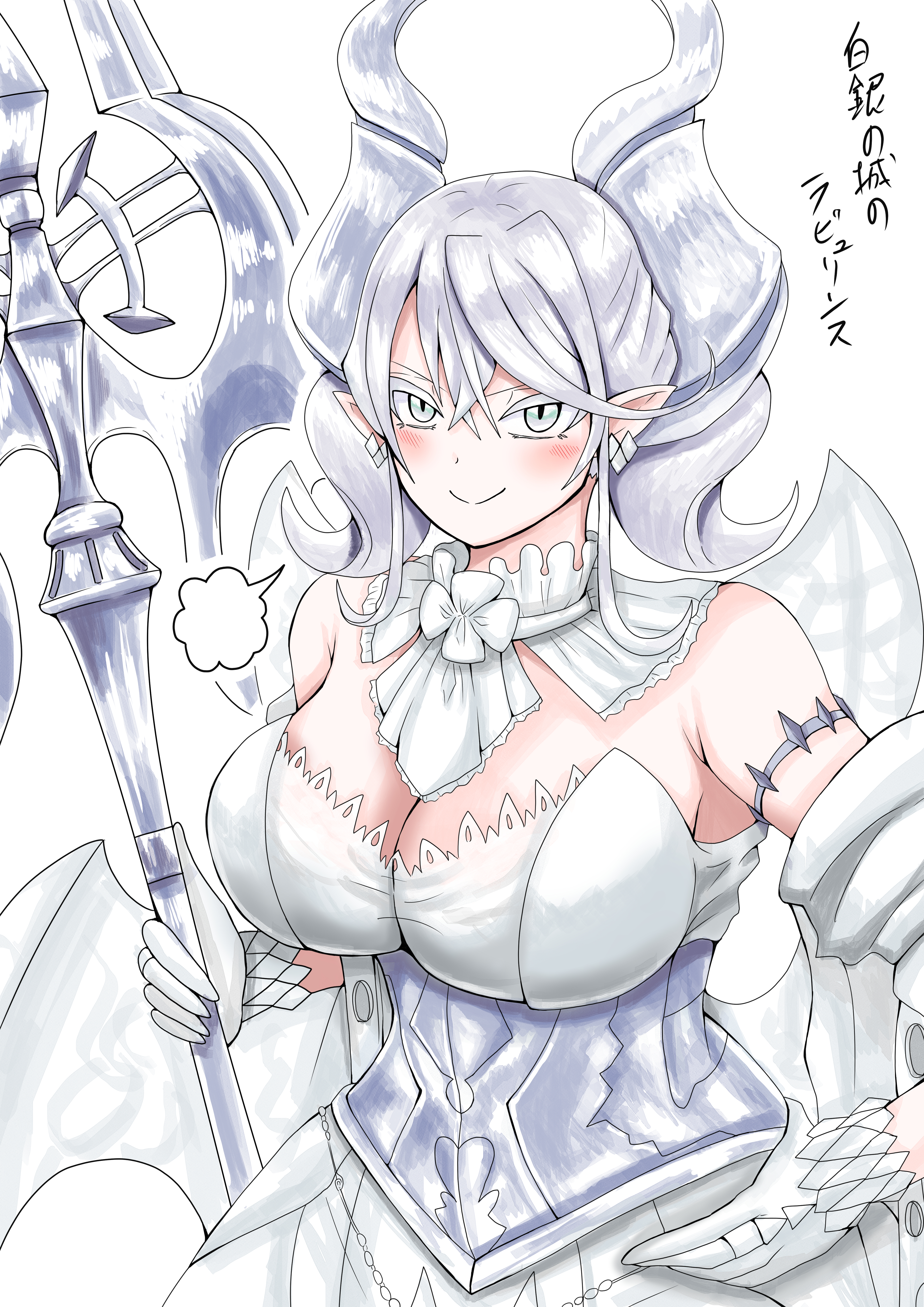 honke ganso, lovely labrynth of the silver castle, yu-gi-oh!, absurdres, highres, translation request, 1girl, armored corset, bare shoulders, blush, breasts, cleavage, corset, demon girl, demon horns, demon wings, dress, drill hair, duel monster, earrings, gloves, grey corset, grey eyes, grey hair, hand on own hip, holding, holding weapon, horns, jewelry, large breasts, looking at viewer, low wings, multiple wings, pointy ears, puff of air, simple background, smile, solo, transparent wings, twin drills, weapon, white background, white dress, white horns, wings