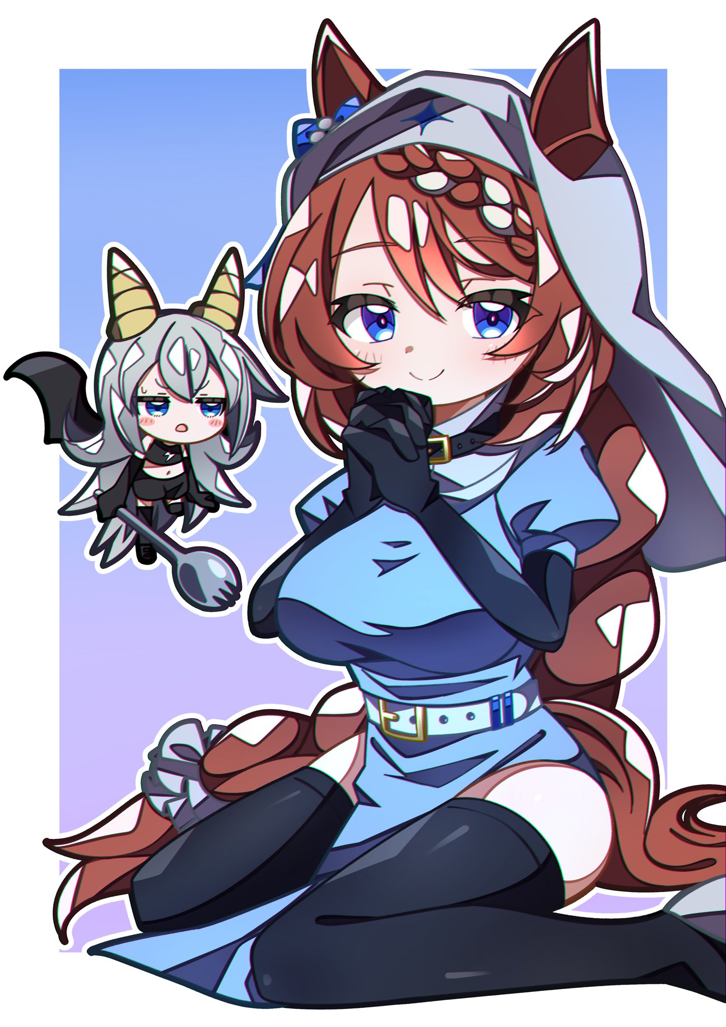 crutch elbow, super creek (umamusume), tamamo cross (umamusume), umamusume, umamusume: cinderella gray, highres, animal ears, blue hairband, bow, braid, braided ponytail, ear bow, ear covers, ear ornament, grey hair, grey tail, hairband, headband, horse ears, horse girl, horse tail, long hair, low-tied long hair, ponytail, red headband, striped clothes, striped hairband, tail